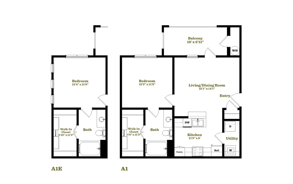 A1 - 1 bedroom floorplan layout with 1 bath and 636 to 640 square feet.