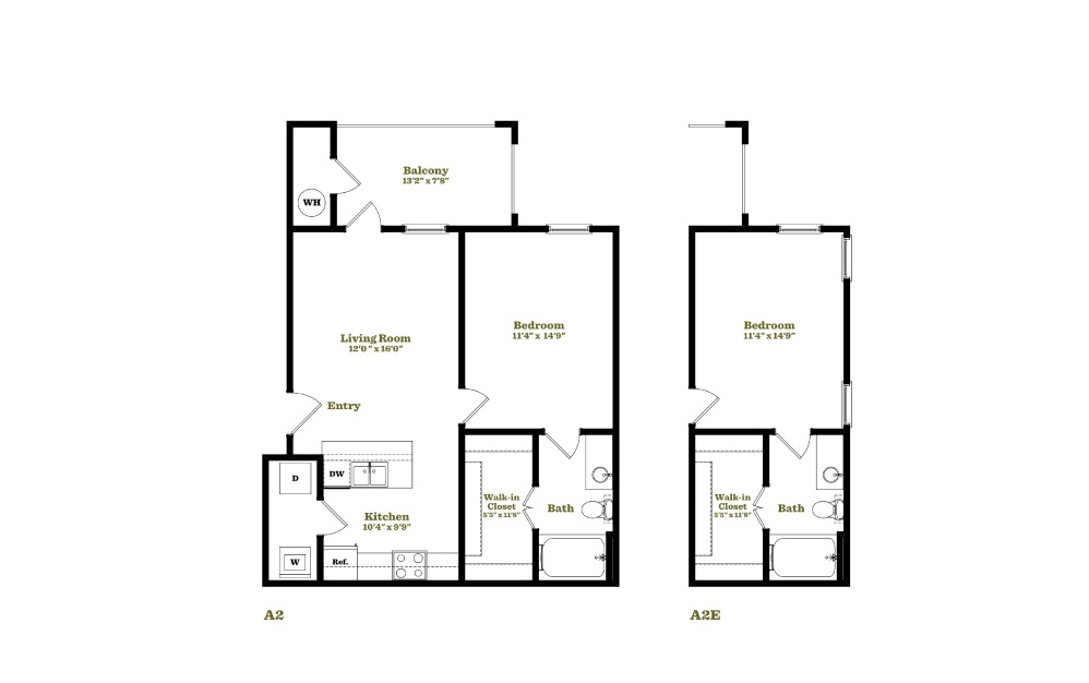 A2 - 1 bedroom floorplan layout with 1 bath and 654 square feet.