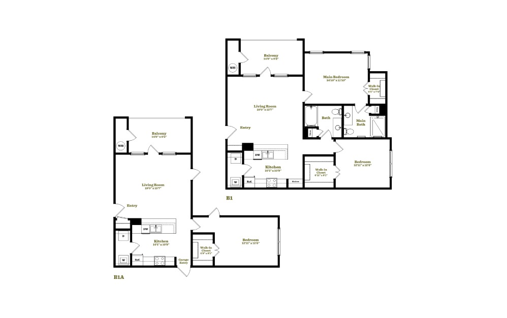 B1 - 2 bedroom floorplan layout with 2 baths and 1069 square feet.