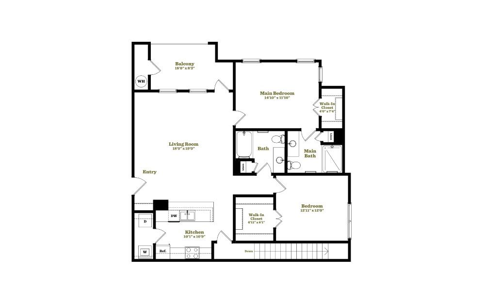 B1B - 2 bedroom floorplan layout with 2 baths and 1198 square feet.