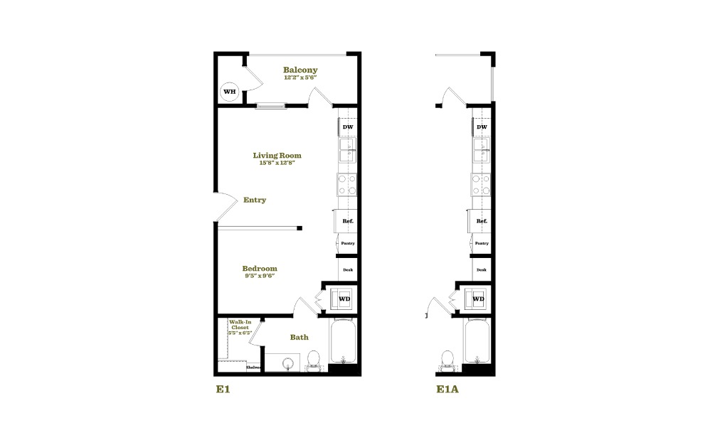 E1 - Studio floorplan layout with 1 bath and 449 to 454 square feet.