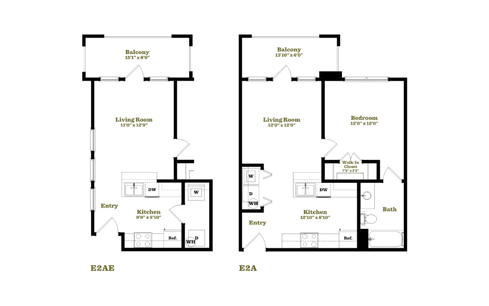 E2A - 1 bedroom floorplan layout with 1 bath and 545 square feet.