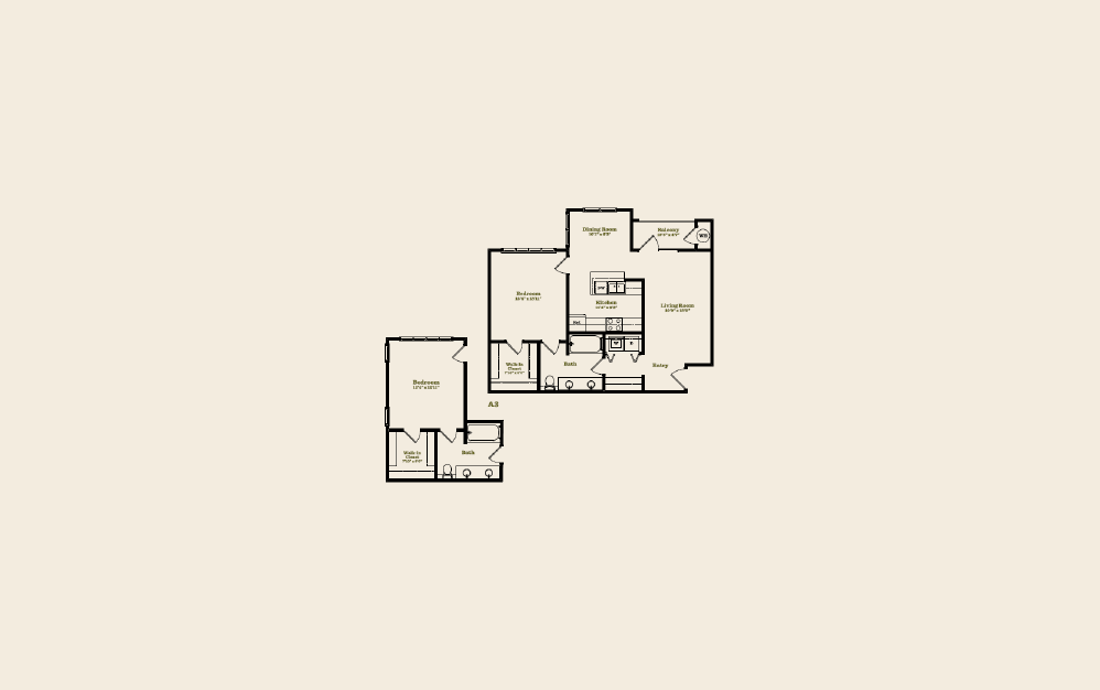 A3 - 1 bedroom floorplan layout with 1 bath and 809 square feet.