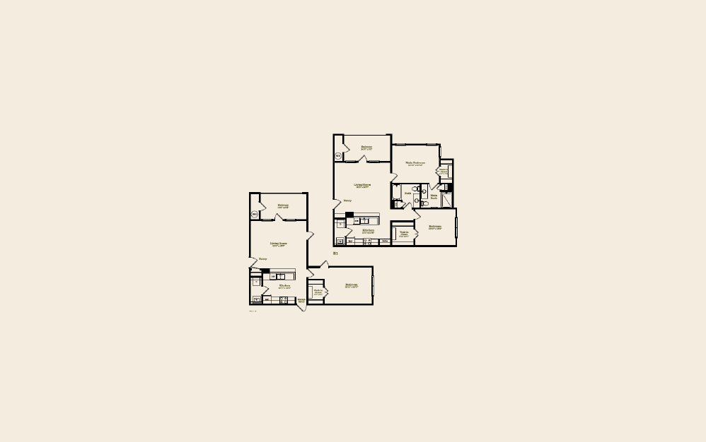B1 - 2 bedroom floorplan layout with 2 baths and 1069 square feet.