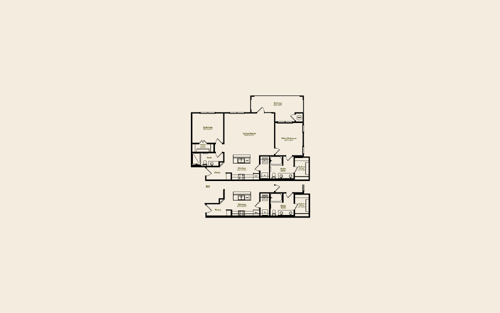 B3 - 2 bedroom floorplan layout with 2 baths and 1185 square feet.